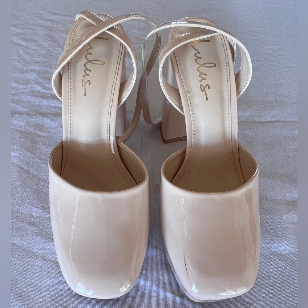 Used Lulus - Kaylue Light Nude Patent Ankle
Strap Platform Pumps